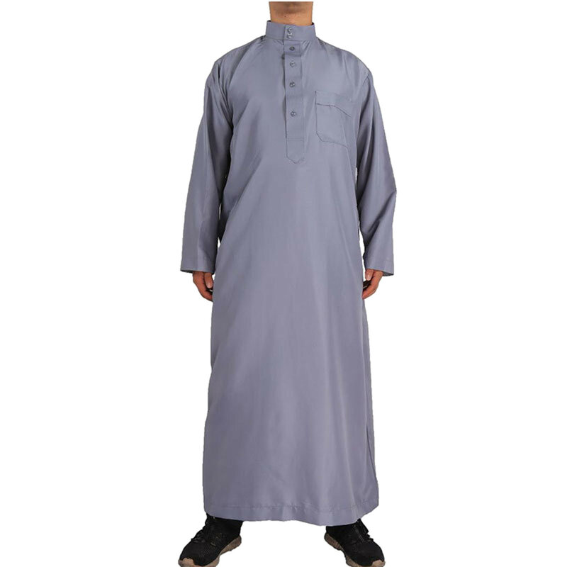 Manto solto de manga longa masculino, gola em pé, bolso de botões, fantasia muçulmana, respirável, monocromática, casual, elegante