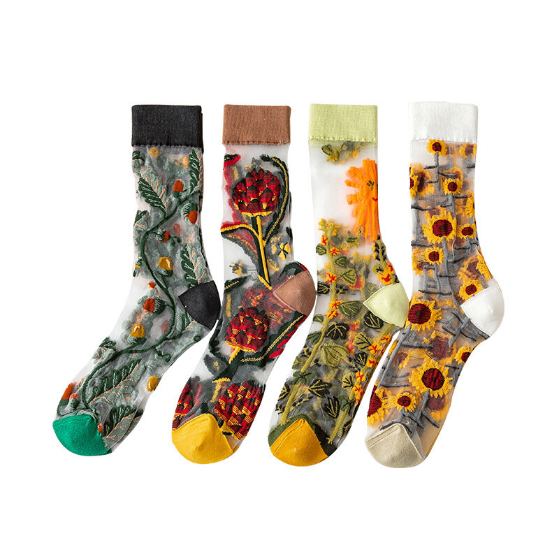 Socks women's summer thin tube socks tide socks European and American style flower forest glass silk breathable women's socks