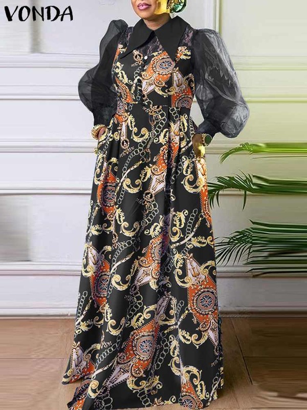 VONDA autunno donna Maxi Dress 2022 Bohemian Printed Sundress Long Puff Sleeve Mesh Patchwork Party Sundress 2022 Vintage Vestido