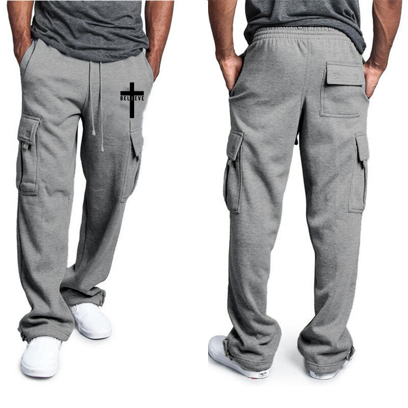 Men Fashion Pants Solid Color Multi Pockets Baggy Pants Casual Loose Trousers Drawstring Cargo Pants