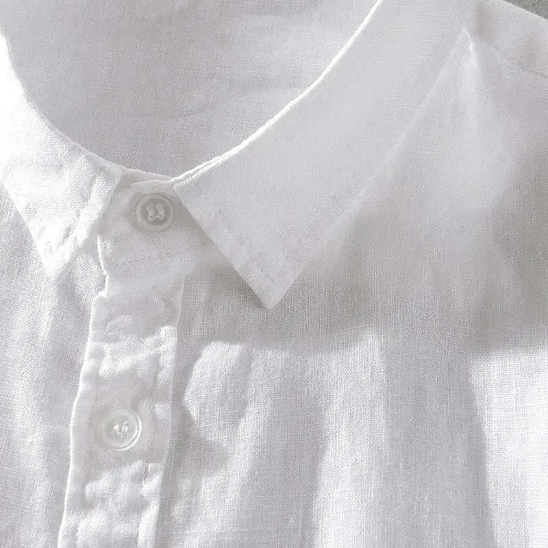 Czysty len koszulka z krótkim rękawkiem dla mężczyzn w stylu Casual, letnia pół rękawa bawełniana tkanina lniana biały kolor męski Top