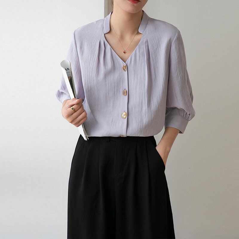 เสื้อสตรีสาวออฟฟิศเกาหลีสไตล์ฝรั่งเศสเสื้อเชิ้ตสามส่วนทรงหลวมแขนยาว2024ฤดูใบไม้ผลิ
