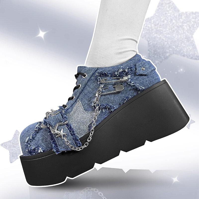 Botines de plataforma gruesa con cadena de Metal Punk para mujer, botas de mezclilla con fondo grueso Y2K, zapatos Lolita góticos negros, invierno, 2023