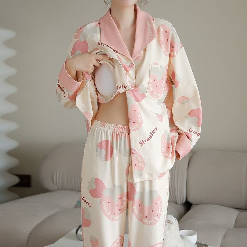 Piyama terbaru musim semi musim gugur 2024 baju tidur katun wanita dengan kerah bantalan payudara baju tidur cetak lucu piyama longgar nyaman