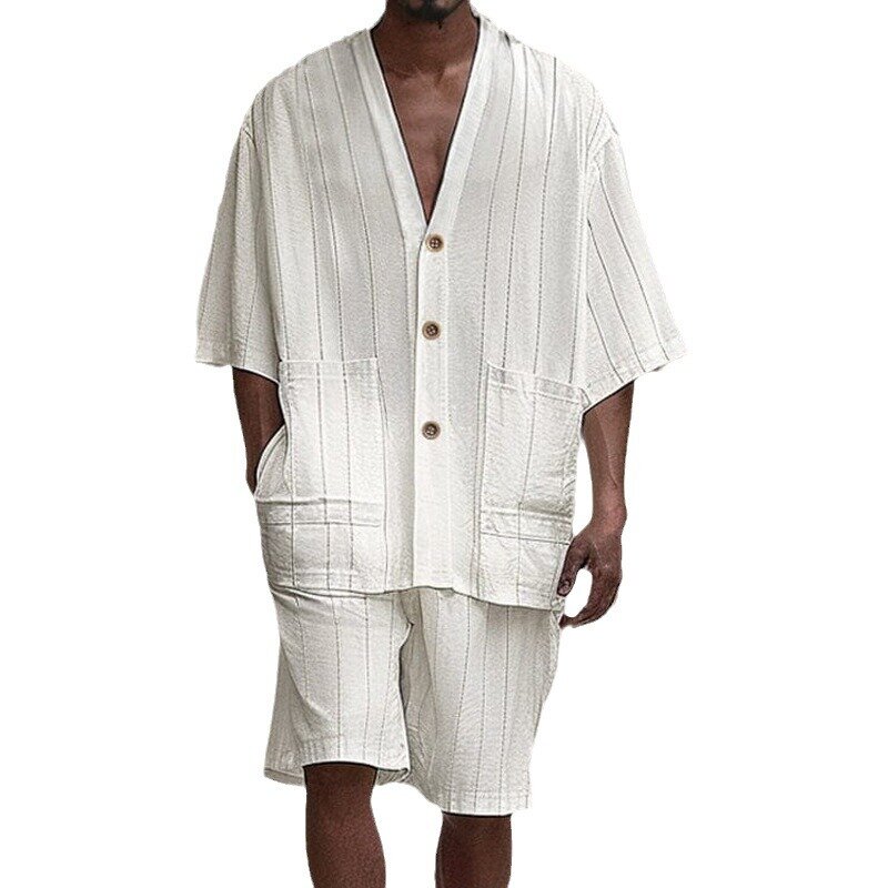 Men's Sets White Vertical Pattern Set with Double Pocket Design Button Button Cardigan Top Split Pants Two Piece Set for Men
