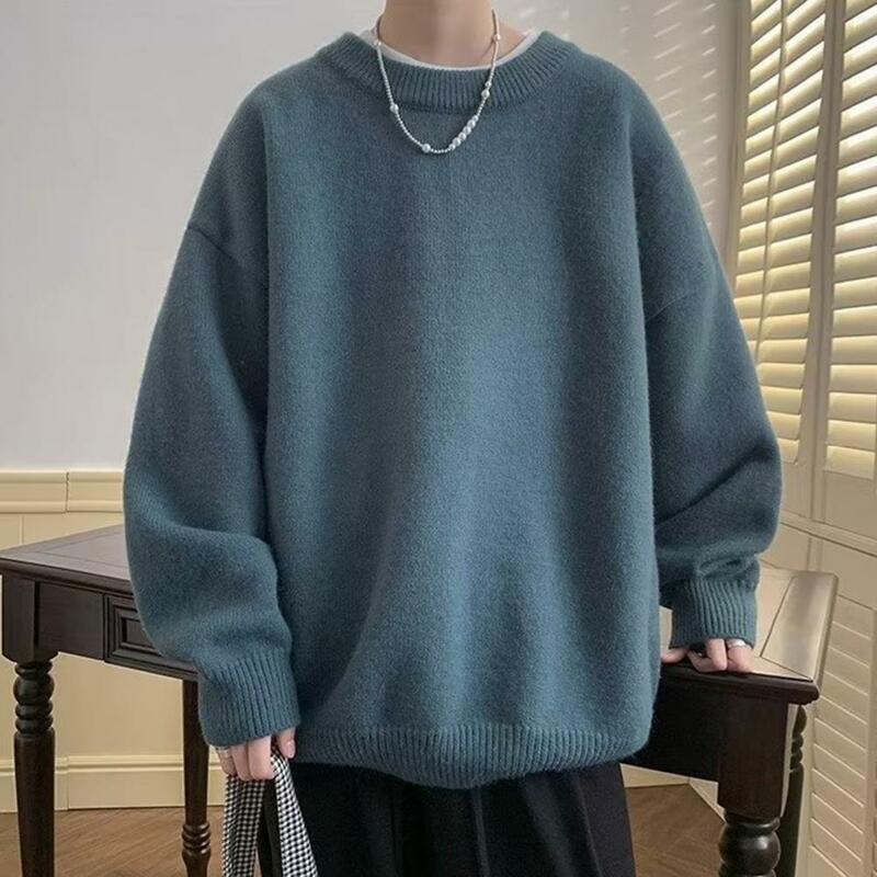 Suéter casual de ajuste solto masculino, gola redonda, monocromática, punho elástico, grosso, macio, outono, inverno