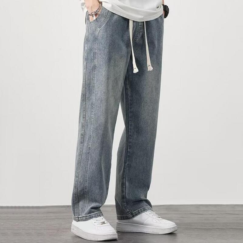 سراويل جينز برباط قابل للتعديل مع جيوب ، جينز كاجوال مستقيم واسع الساق ، سراويل أحادية اللون ، خصر مرن ، الصيف