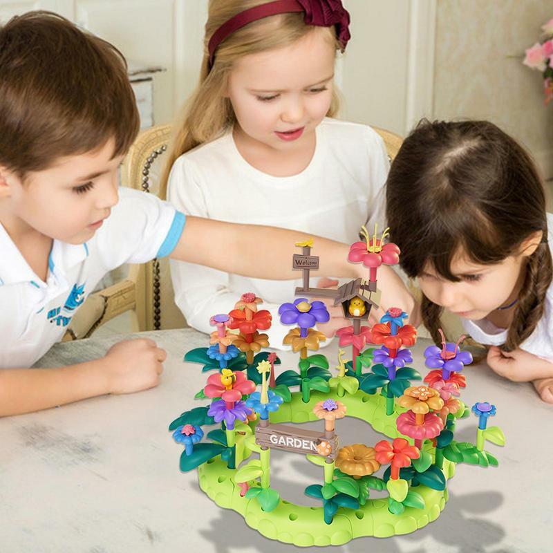 Kreatywne zabawki kompozycja kwiatowa kolorowe bloki łączące budynek edukacyjny gra o budowaniu ogrodu dla chłopców prezent dla dziewcząt