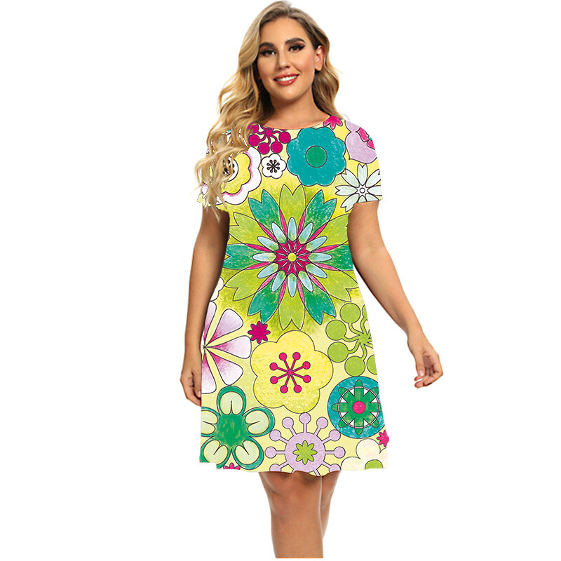 꽃 파워 프린트 a 라인 드레스 여성용 6XL, 큰 사이즈 2023, 패션 그라데이션 디자인 플러스 사이즈 드레스