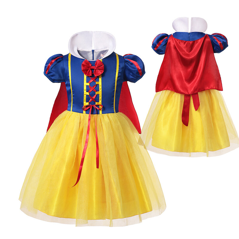 Disney Princess Girl Costume Snow White Cosplay Puff Sleeve with Cape Halloween Dress Up Party Child Girl Birthday Gowns 2-8Y