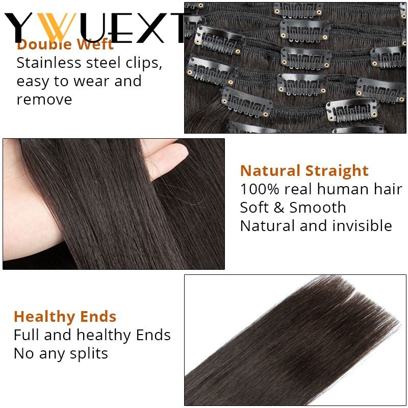 YWUEXT Klipsy do przedłużania włosów Prawdziwe ludzkie włosy 7 sztuk/zestaw Naturalne proste pasma włosów 110-120 gramów 14-24 cali Do zaopatrzenia w salonie