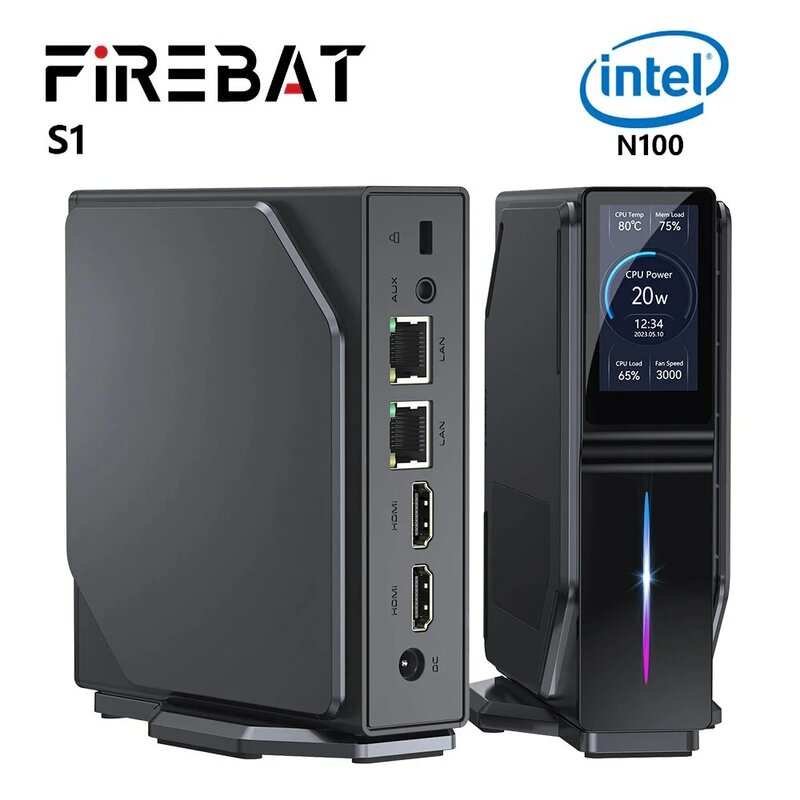 FIREBAT-Mini PC S1 12th Alder Lake N100, 16GB, 512GB, DDR4, MiniPC para jugadores de escritorio, WiFi5, BT4.2, visualización RGB