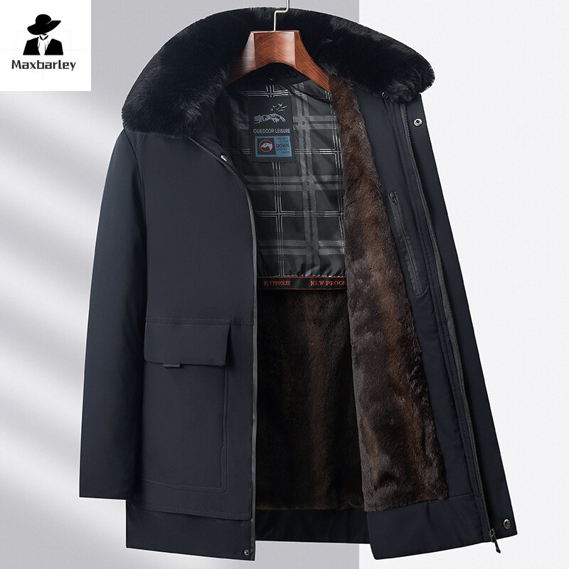Jaket empuk pria, Luaran bisnis Parka berlapisan bulu tebal tahan angin kerah wol besar bisa dilepas hangat musim dingin