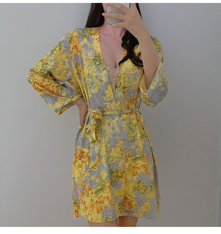 Пижамный комплект Женский с желтым цветочным принтом, комплект из 3 предметов, одежда для сна, нижнее белье, пикантное кружевное кимоно, халат, атласный халат свободного кроя, домашняя одежда