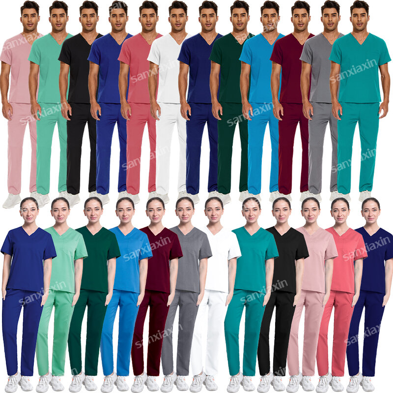 Uniforme multicolore pour femmes et hommes, haut à poches et pantalon droit, uniforme de soins médicaux, animalerie, dentiste, infirmière
