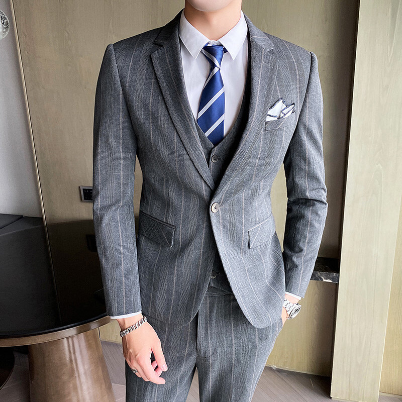 Blazer, chaleco y pantalones de estilo británico para hombre, traje a rayas para novio, traje Formal informal de negocios, conjunto de 3 piezas, 4XL-M