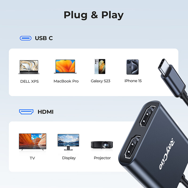 RayCue-Répartiteur compatible HDMI, USB C vers 4K, 30Hz, 60Hz, Adaptateur Type C Abrte pour Lenovo, Yoga, ThinkSub, Dell, Ordinateur portable HP, Moniteur