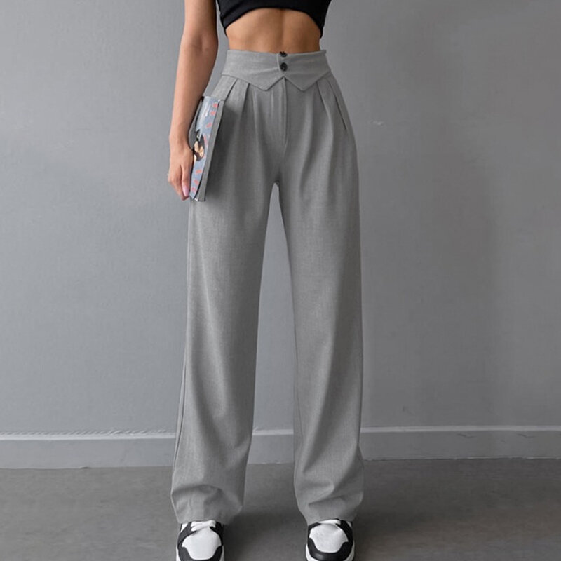 Women Summer Spring High Waist Straight Pants Office Lady Fashion Long Trousers Solid Color Button Pleated Loose Pants 28677