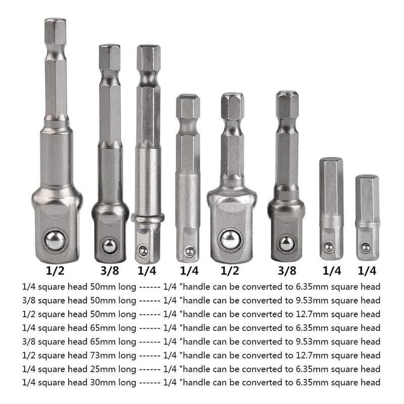 Drill Socket Adapter Kit Impact Drill Extension Bit Socket Adapter Kit 1/4'' 3/8'' 1/2'' Square Head 1/4'' Hex Shank Drill Tools