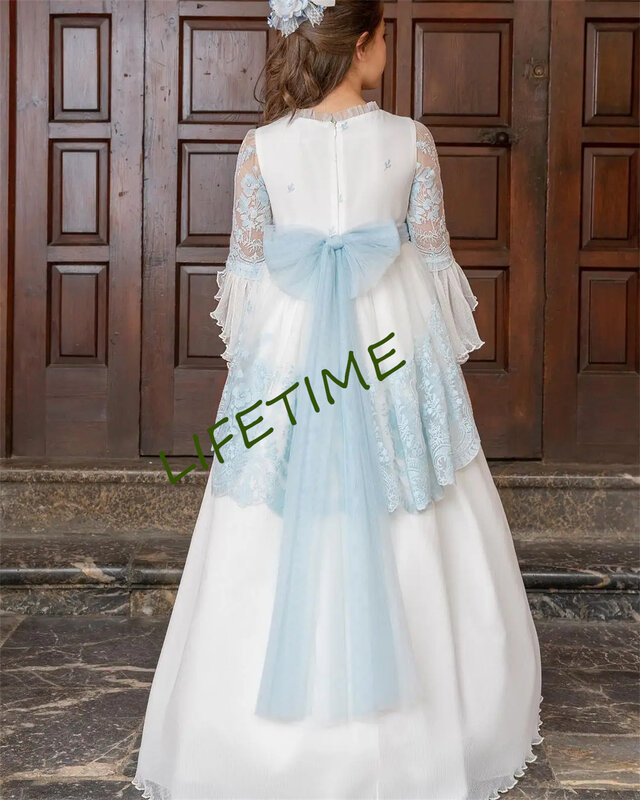 Flower Girl Dress Vintage FairyPrincess Lace Floral Ribbon Belt Bridemini Bridesmaid Tulle Long Gown Communion Party