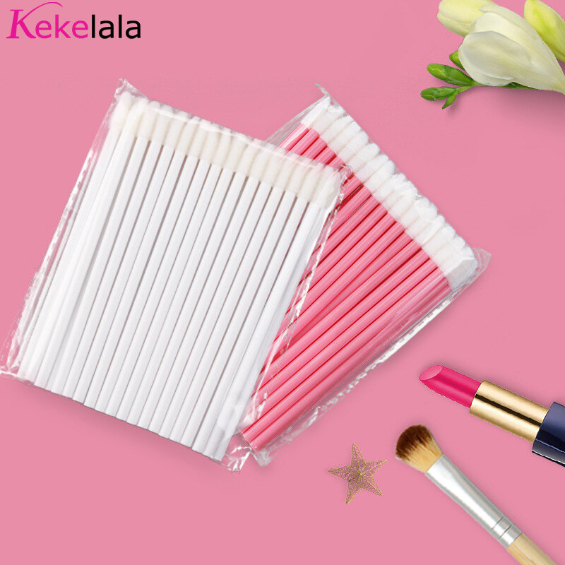 Kekelala 50Pcs Disposable Lip Brushes Lipstick Gloss Applicators Makeup Swabs Micro Cleaning Brush Tools For Eyelash Extension