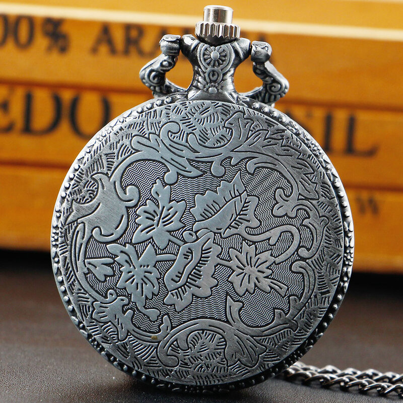 Reloj de bolsillo antiguo con patrón tallado de flores y pájaros para hombres y mujeres, collar con colgante, bolsillo de cuarzo y cadena Fob, relojes grises