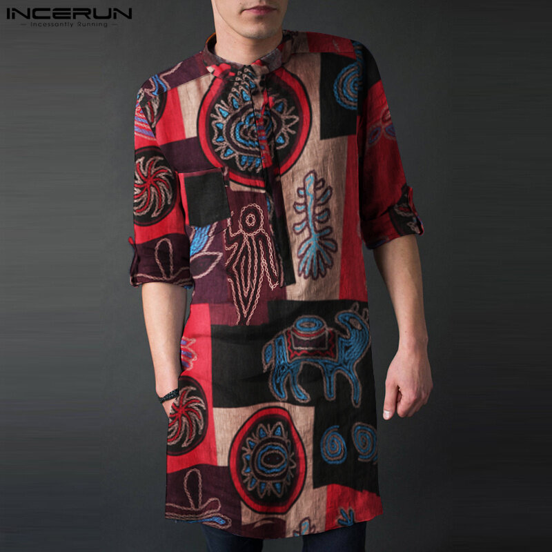 INCERUN 2023 stile musulmano nuovo abito da uomo Vintage Totem in piedi abito al collo Design alla moda stile lungo abito a maniche medie S-5XL