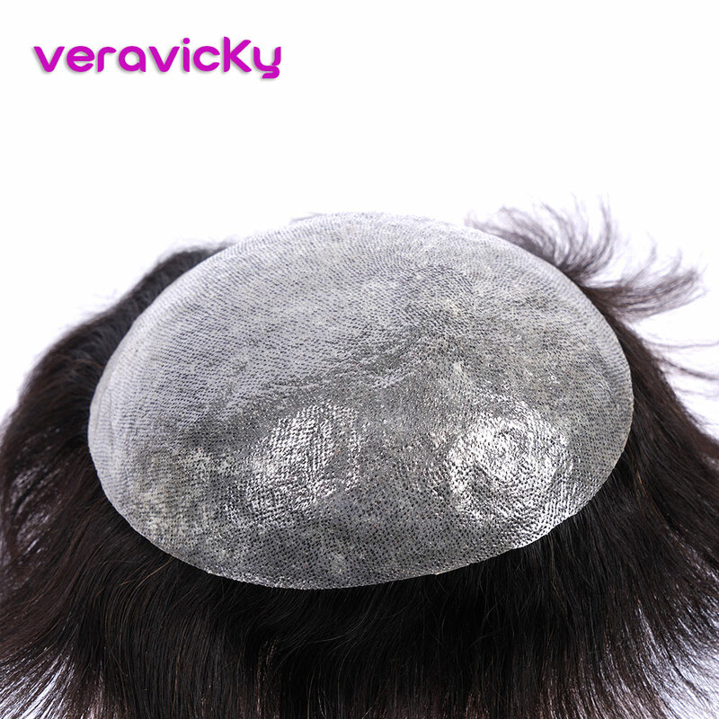 Veravicky Sistema De Substituição Do Cabelo Humano, Pele Fina PU Cabelo Toppers, Straight Hairpiece Para Homens, 6 ", 7" x 9"