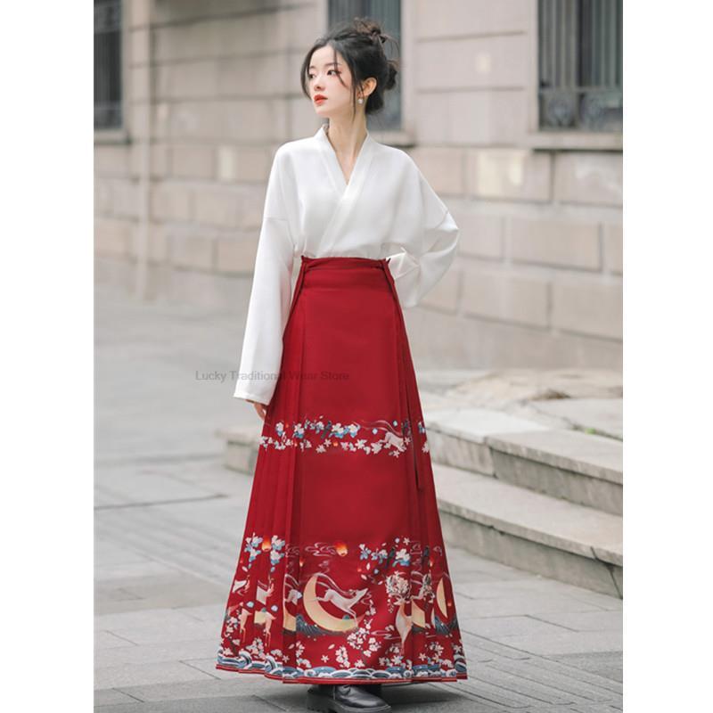 Chinese Hanfu Melhorado Hanfu Floral Print Cavalo Face Saia Primavera E Outono Mulheres Daily Hanfu Suit Vestido Chinês Set