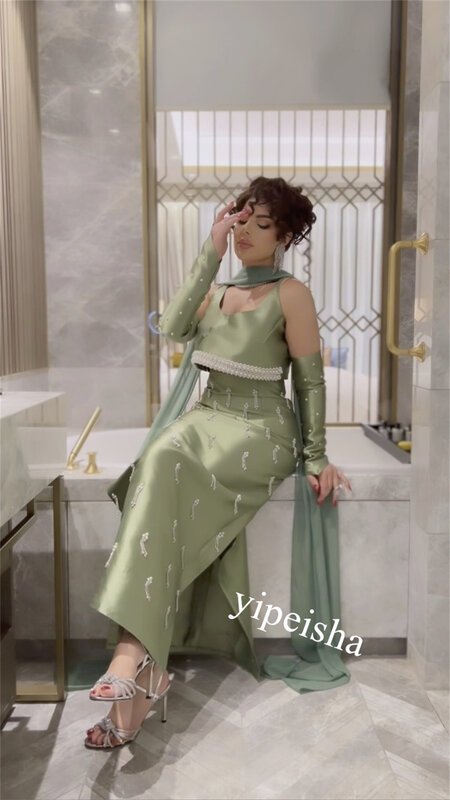 Бальное атласное платье Jiayigong с жемчугом и бахромой, вечернее платье-футляр с V-образным вырезом на заказ, средней длины, Саудовская Аравия