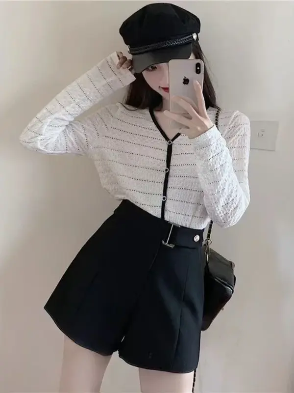 Celana pendek wanita kantor Wanita padat A-line sederhana pinggang tinggi sabuk desain gaya Korea musim semi musim panas bergaya katun temperamen lembut