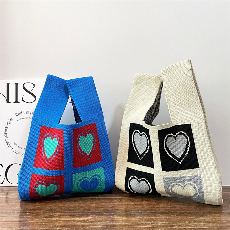 Bolsas de malha artesanais para mulheres, bolsa de pulso mini nó sacola de malha colorida bonito coração para meninas, sacolas de compras reutilizáveis, moda
