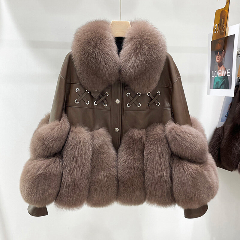 Jaket Kulit Wanita Mewah Baru 2022 Mantel Bulu Rubah Asli Musim Dingin Mode Hangat Mantel Tahan Angin Kulit Domba Asli FL3757