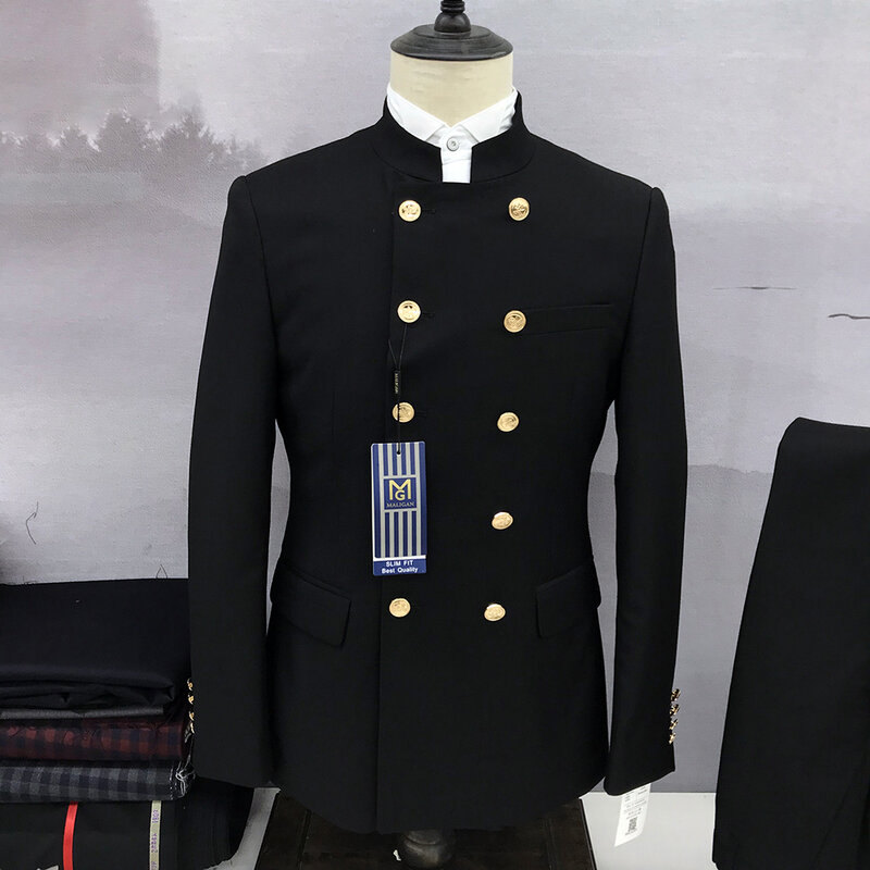 Conjunto de traje de dos piezas de estilo chino para hombre, Blazer ZhongShan, chaqueta Formal de gama alta, abrigo, pantalones, cuello levantado