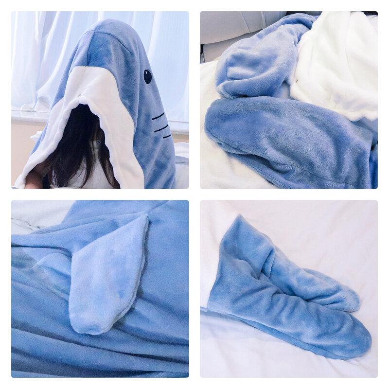 かわいい漫画のサメの寝袋、柔らかい暖かいサメの毛布、高品質の生地のショール、子供と大人のためのパジャマ