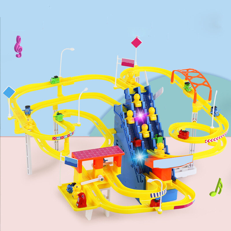 Three Stairs With Multiple Tracks Automatic Piggy Climbing Stairs Musical Luminous Slide Electric Track Children's Puzzle Toys