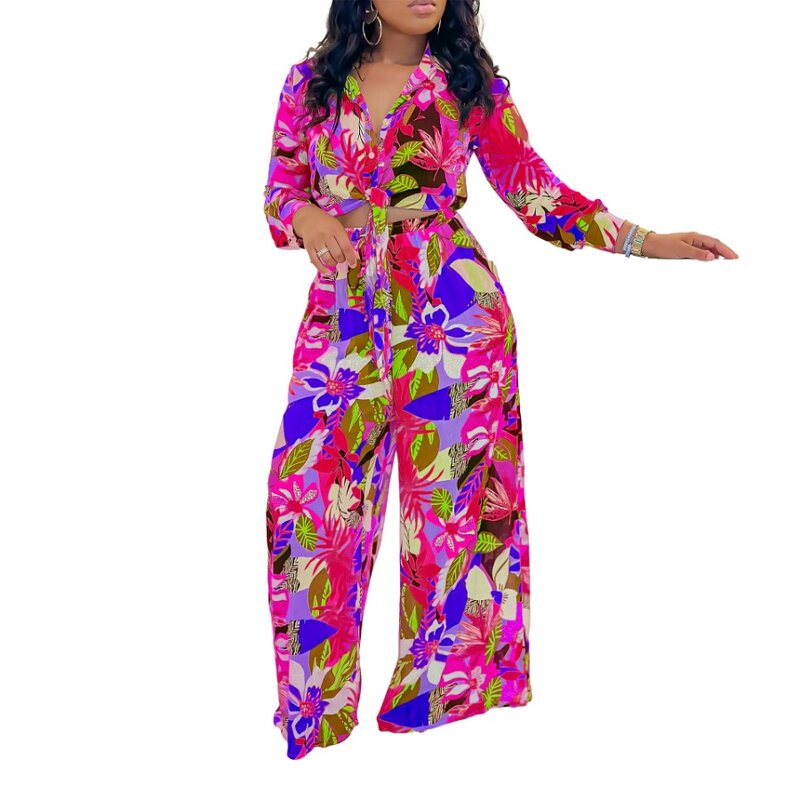 Комплект одежды для женщин из 2 предметов, элегантный топ с длинным рукавом и V-образным вырезом, с принтом, длинные брюки в африканском стиле, комплект одежды, африканская одежда на лето