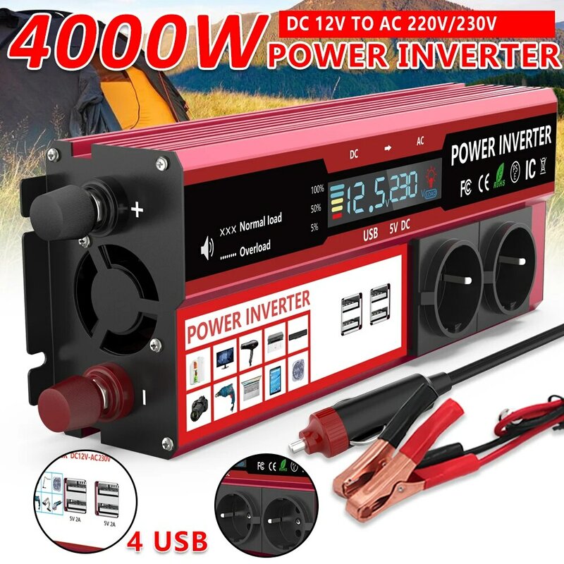 4000W 3000W điện biến tần DC 12V để AC 220V 230V biến áp với 4 USB EU ổ cắm phí với LED hiển thị cho RV điện thoại xe hơi