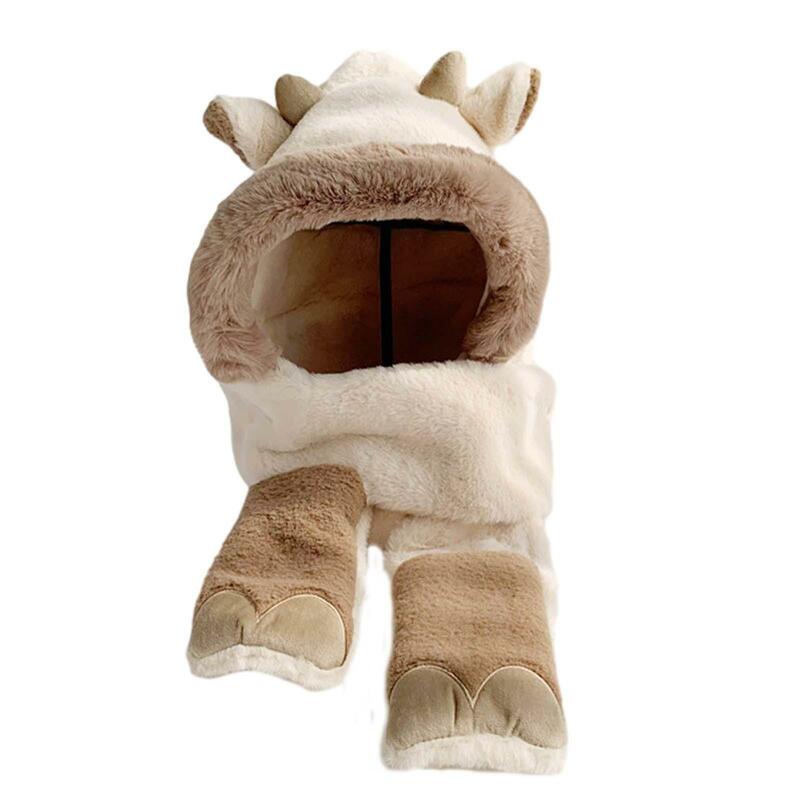 Cute Antlers Ear Hat Scarf Gloves Set Autumn Winter Warm Cartoon Women Plush Gloves for Stage Performance Camping Outdoor Sports