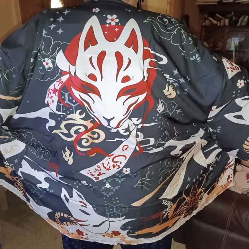 Kardigan Kimono Hitam Wanita Pria Jepang Pria Yukata Pria Haori Gelombang Jepang Mantel Cetak Rubah Ikan Mas Pakaian Tradisional Jepang