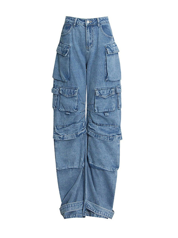 American Sot Mode neue Retro Multi Pocket Tooling Y2k Jeans Frauen Hip Hop Street lose lässige gerade schwarze Hose mit weitem Bein