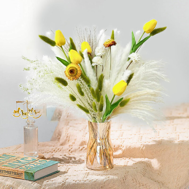 Artificial Flowers Tulips Mix Natural Pampas Dried Flower Bouquet Home Vase Decoration Gypsophila Bunny Tail Grass Wedding Decor