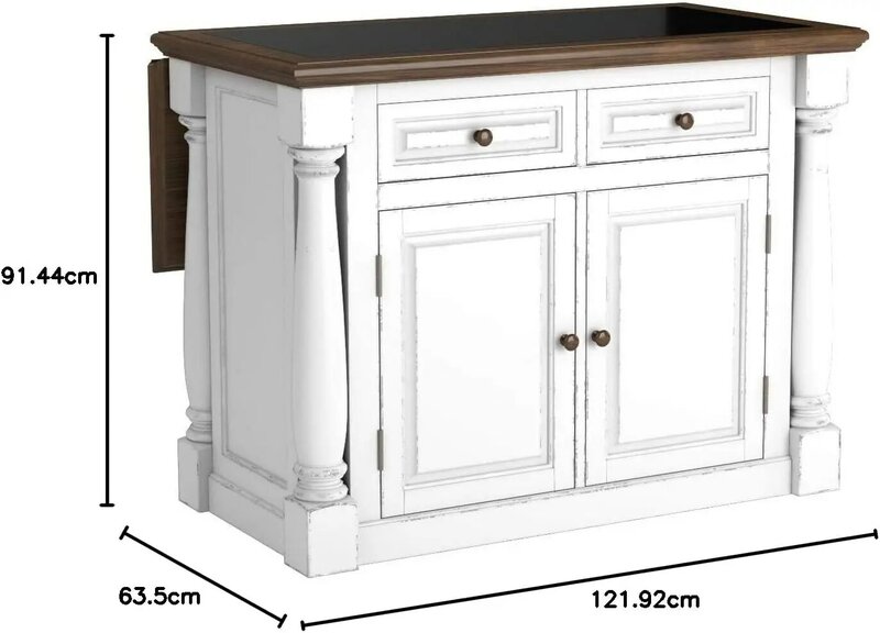 Monarch White Kitchen Island with Distressed Oak Top, Black Granite Top Inset, Hardwood, Breakfast Bar, Two Drawers,