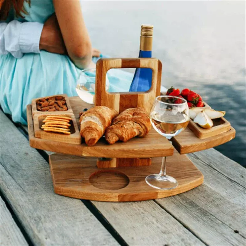 Mesa de Picnic plegable de madera con soporte de vidrio, escritorio redondo, estante de copa de vino, mesa plegable, bandeja de aperitivos para fiesta en el jardín