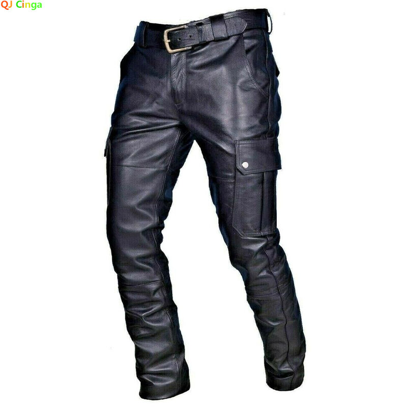 男性の革のオートバイのズボン貨物ポケット、黒、puパンツなしベルト、男性のズボンビッグサイズS-5XL