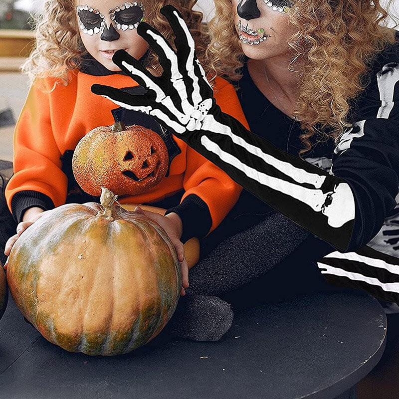 Dedo Cheio Esqueleto Crânio Luvas Longas para Mulheres, Halloween Cosplay, Stretch Gothic Mittens Bicicleta, Acessórios Halloween, Unisex