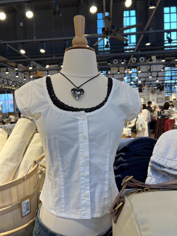 Kaus lengan pendek ramping putih jahitan blus kasual katun berkancing kerah U Musim Panas Wanita kaus atasan polos gaya Preppy manis
