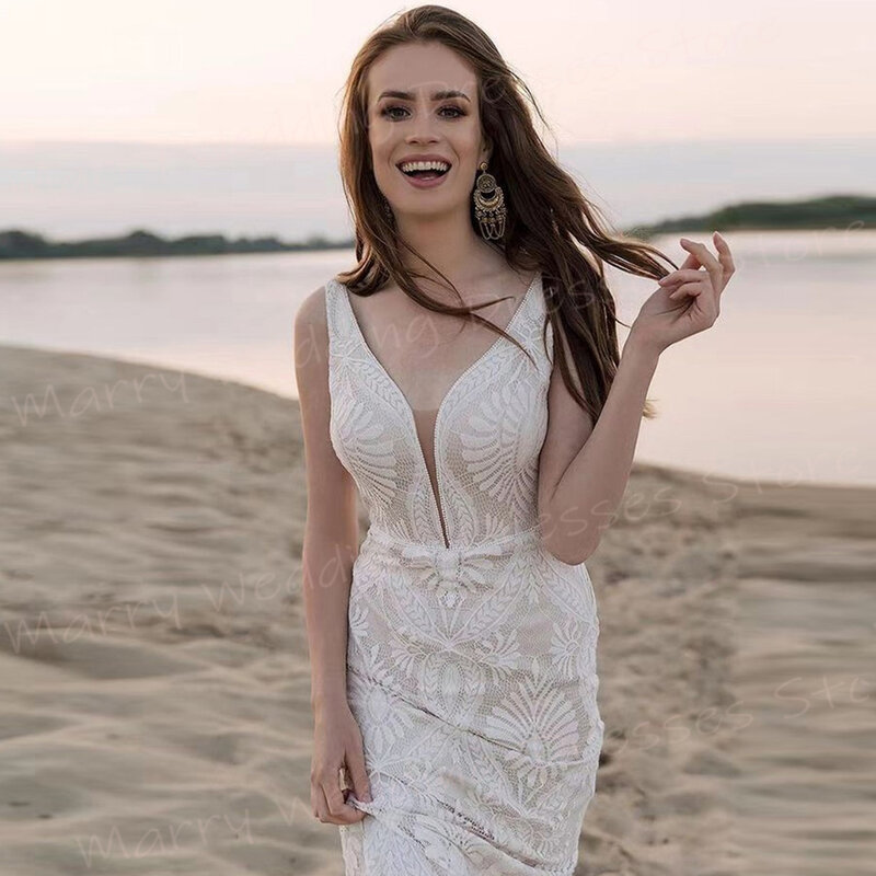 2024 Sexy Mermaid Luxurious Women's Wedding Dresses Classic Deep V-Neck Appliques Lace Bride Gowns Sleeveless Vestidos De Novia