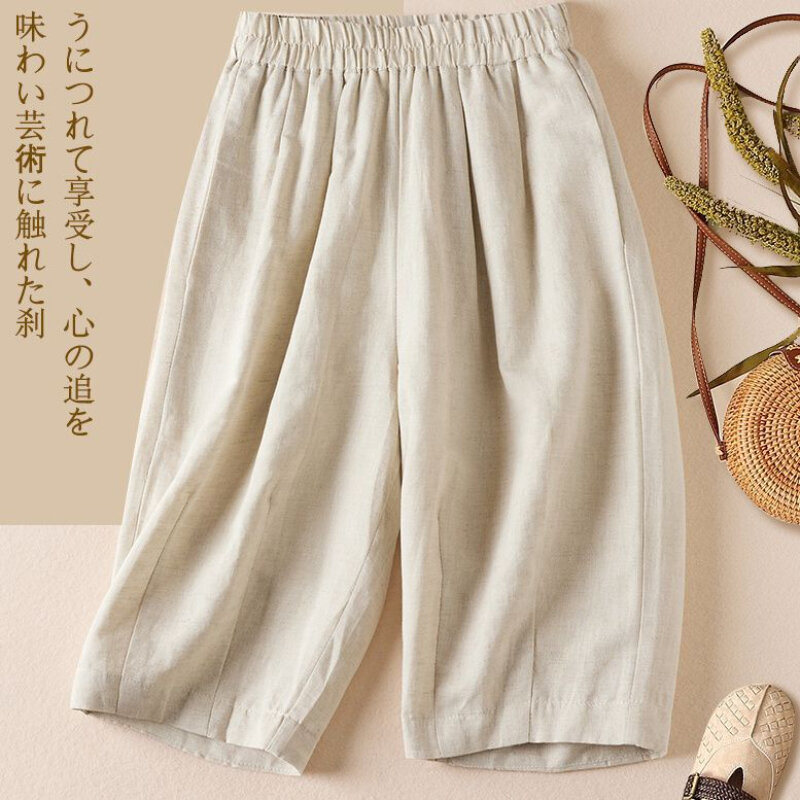 High Waisted Cotton Women's Shorts Casual Loose Vintage Khaki Cotton Linen Knee Length Pants Slim Black Shorts 2024 Summer New