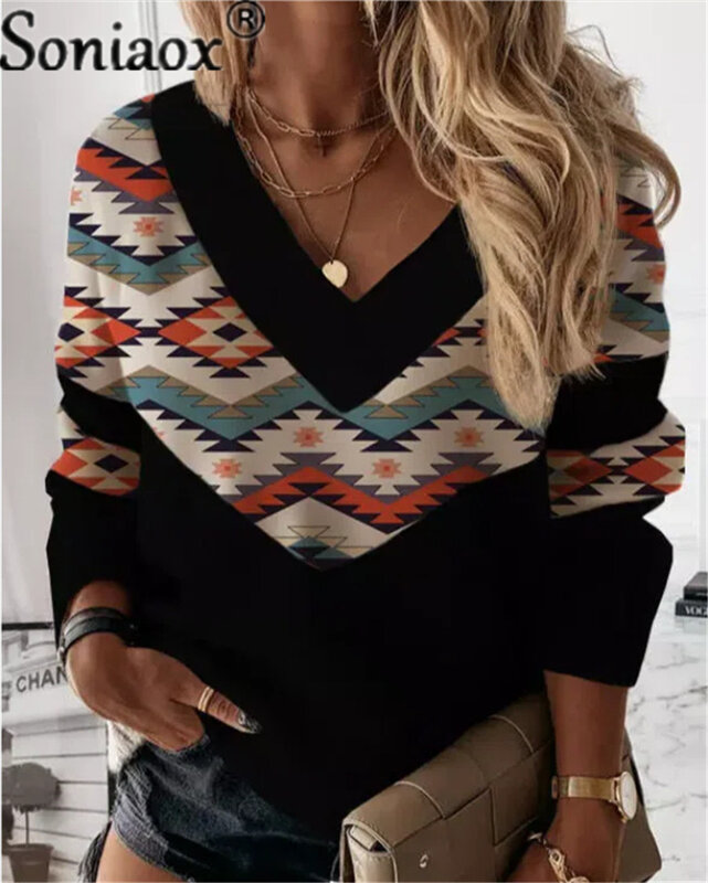 Moda geometryczny kolor bloku bluzy z kapturem z nadrukami bluza bluzki kobiety jesień elegancki Streetwear Casual Loose V Neck Vintage z kapturem